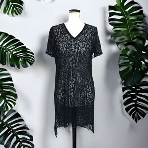 MANGO Black Lace Short Sleeve V-neck Hi-Lo Tunic Swim Suit Cover-up Sz M NWT!!